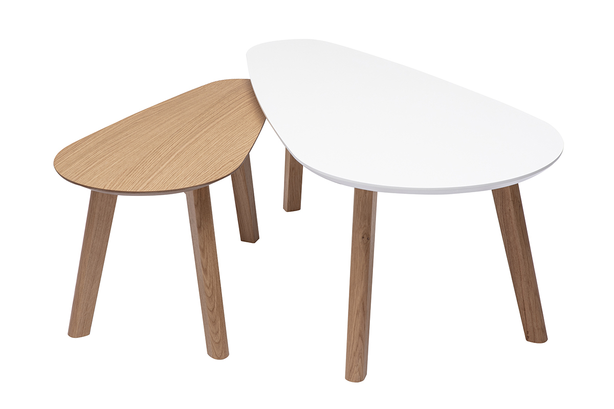 Lot de 2 tables basses gigognes, bois clair ch�ne, plateau blanc, vue en 3/4.
