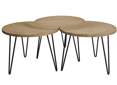 Tables basses grav&eacute;es manguier massif et m&eacute;tal noir (lot de 3) VIBES