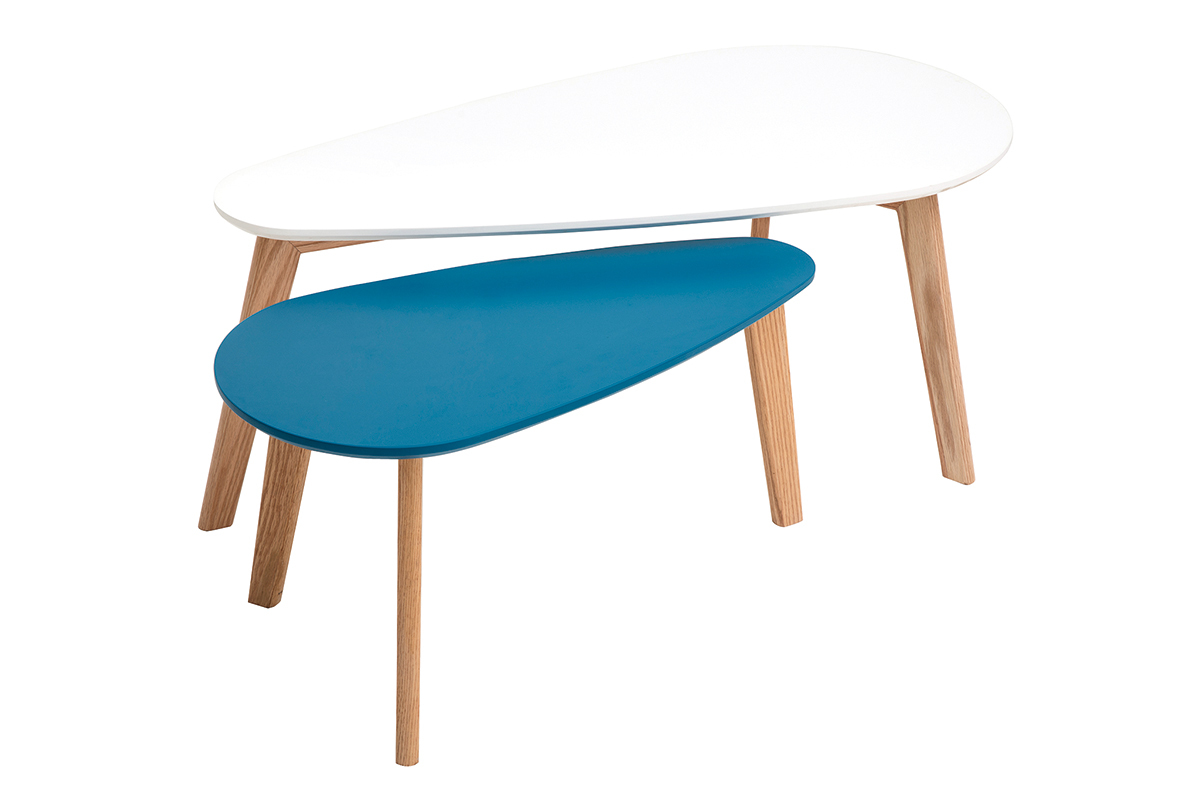 Tables basses scandinaves blanc, bleu canard et bois clair chne (lot de 2) ARTIK