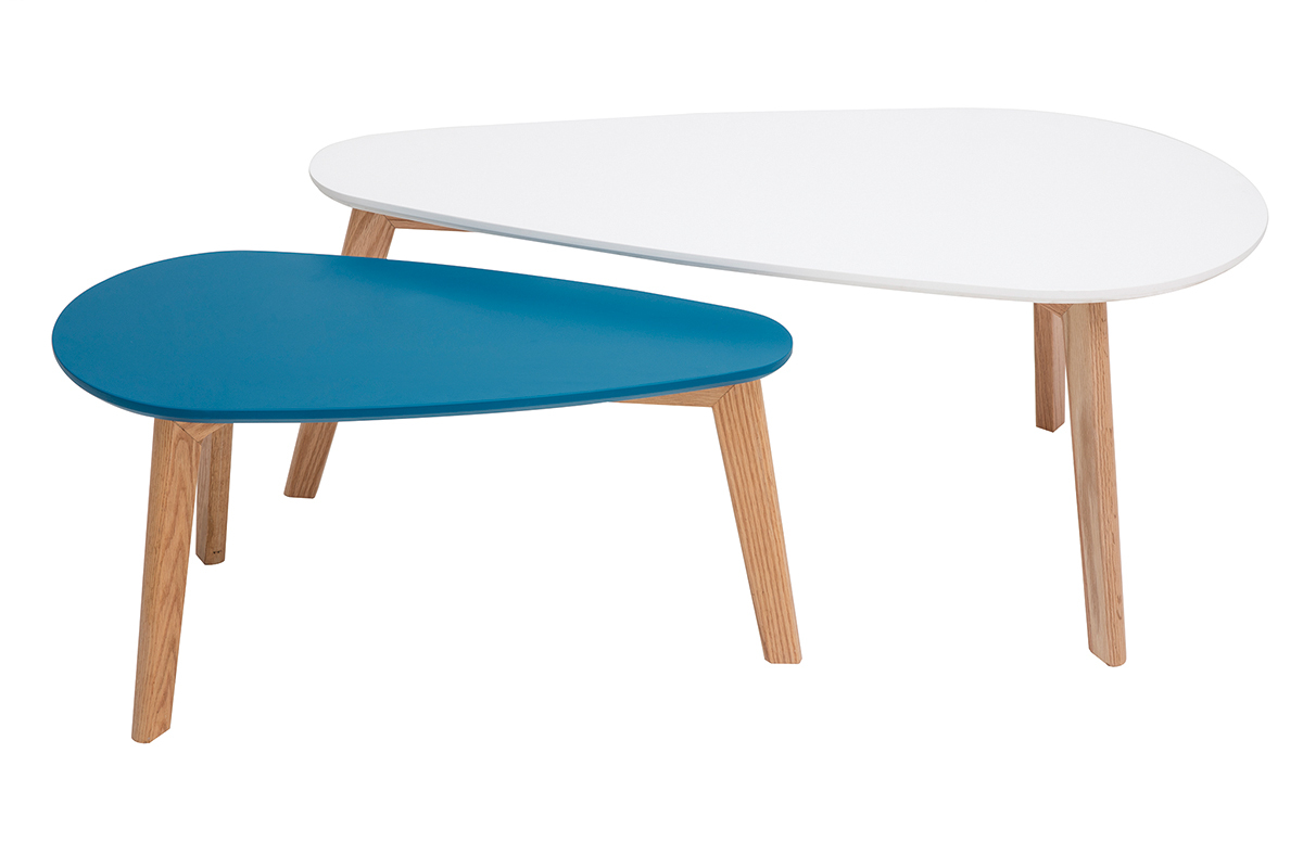 Tables basses scandinaves blanc, bleu canard et bois clair chne (lot de 2) ARTIK