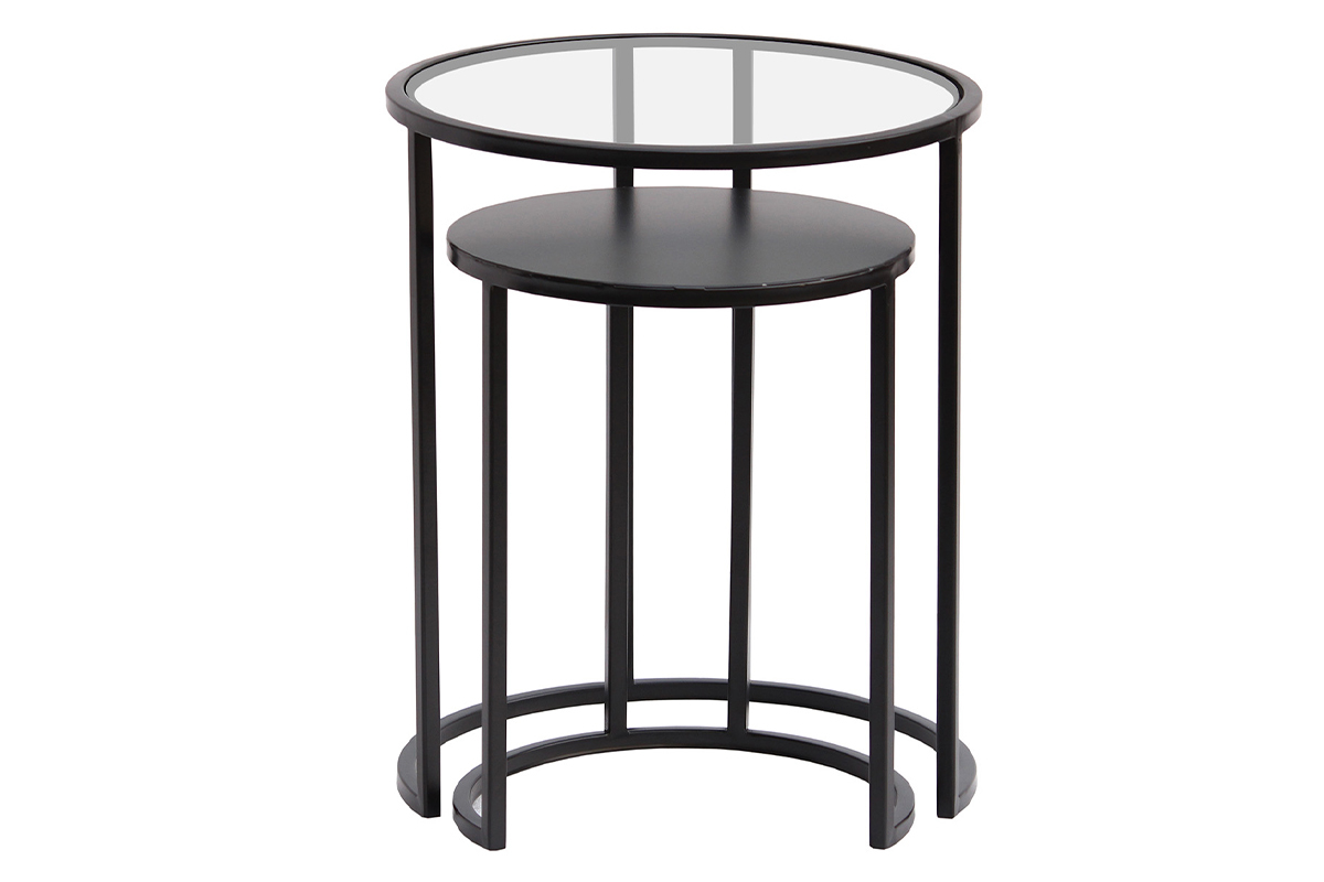 Tables basses gigognes BILLIE - Verre trempé & métal - Noir et Blanc - Maison