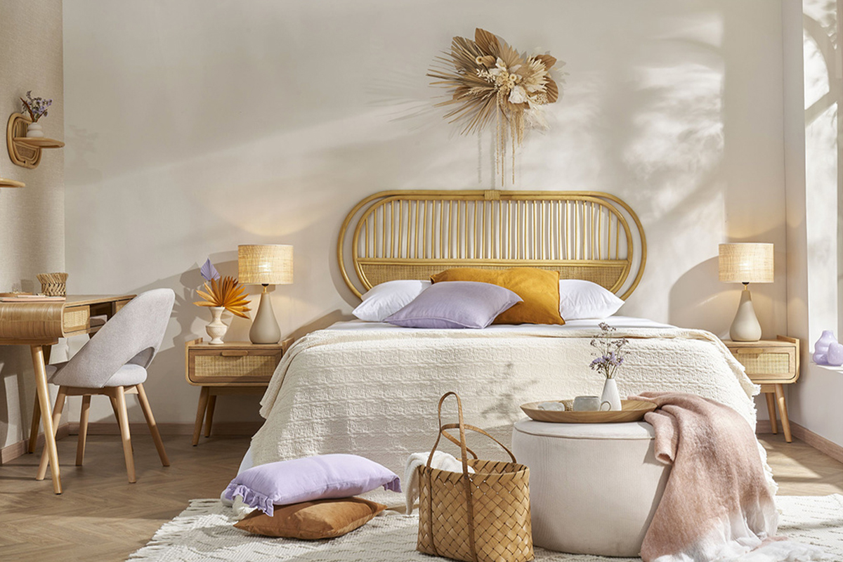 Tables de chevet avec tiroir en bois clair frne et cannage rotin (lot de 2) ATHNE