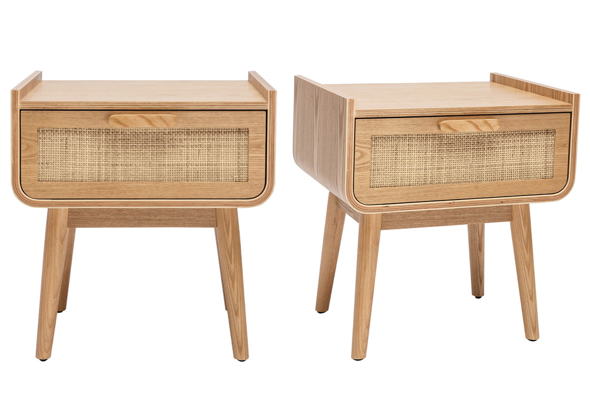 Tables de chevet avec tiroir en bois clair frne et cannage rotin (lot de 2) ATHNE