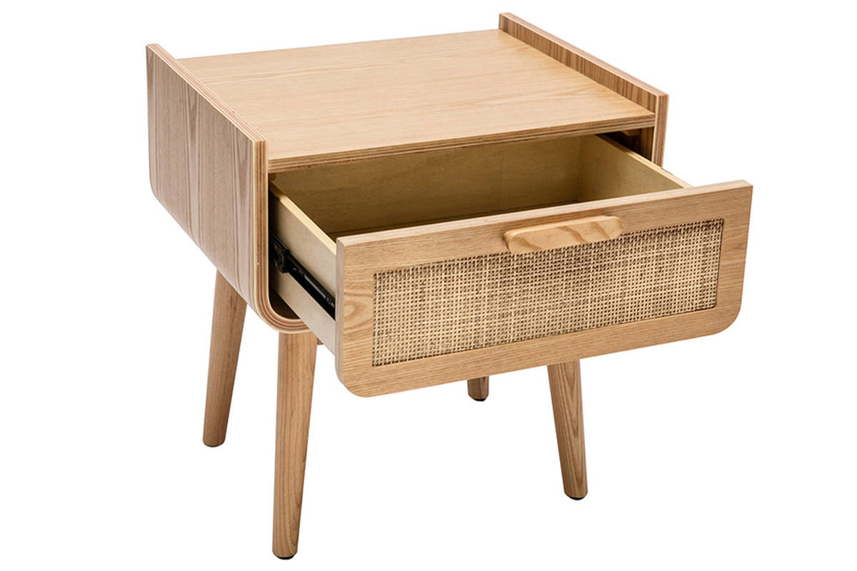 Tables de chevet avec tiroir en bois clair frne et cannage rotin (lot de 2) ATHNE