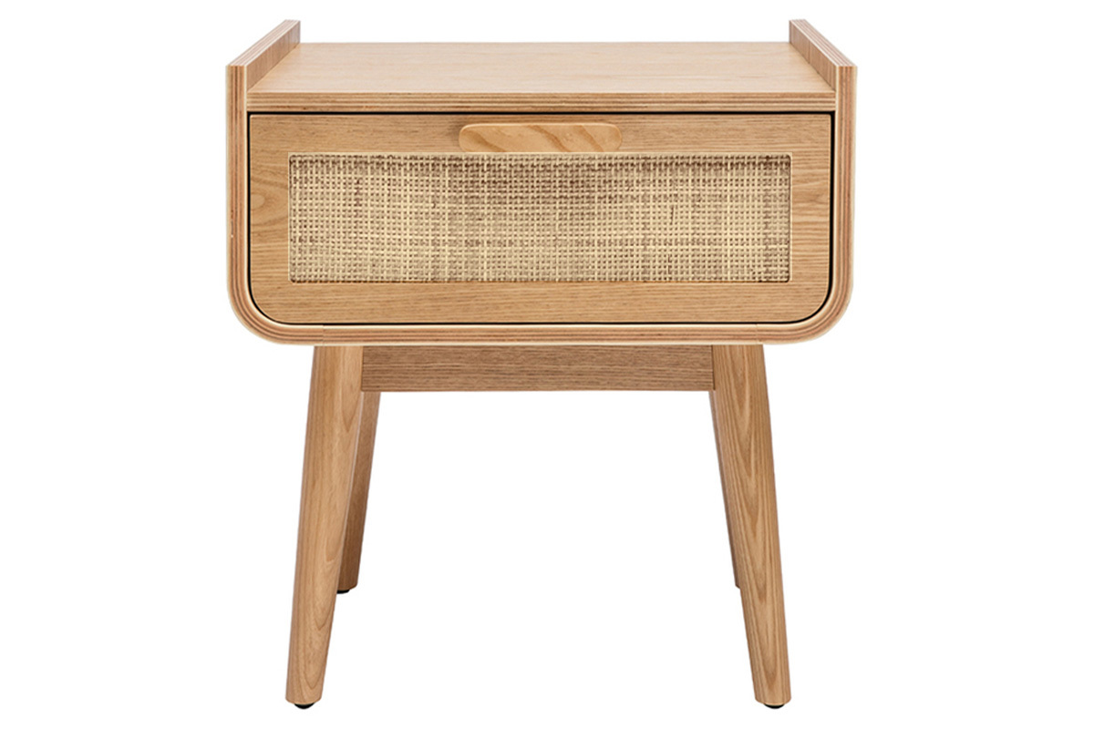 Tables de chevet avec tiroir en bois clair frne et cannage rotin (lot de 2) ATHNE