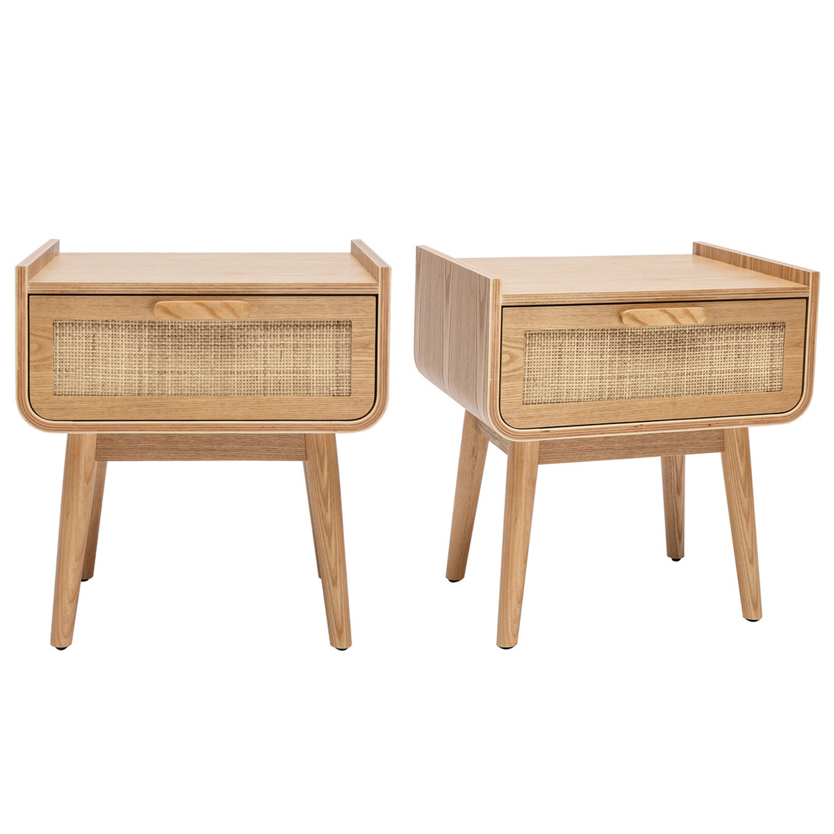 Tables de chevet avec tiroir en bois clair frêne et cannage rotin (lot de 2) ATHÈNE