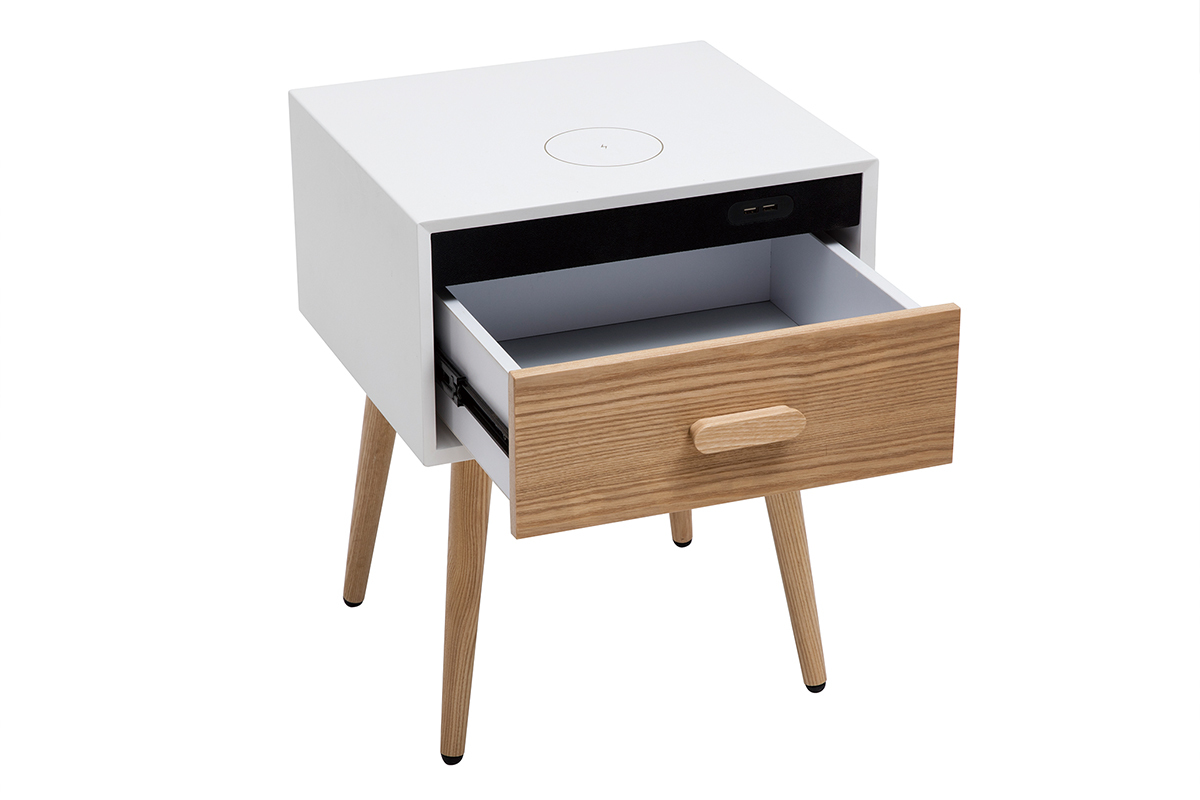 Tables de chevet connectes multimdia blanc mat et bois clair massif (lot de 2) PAVAN