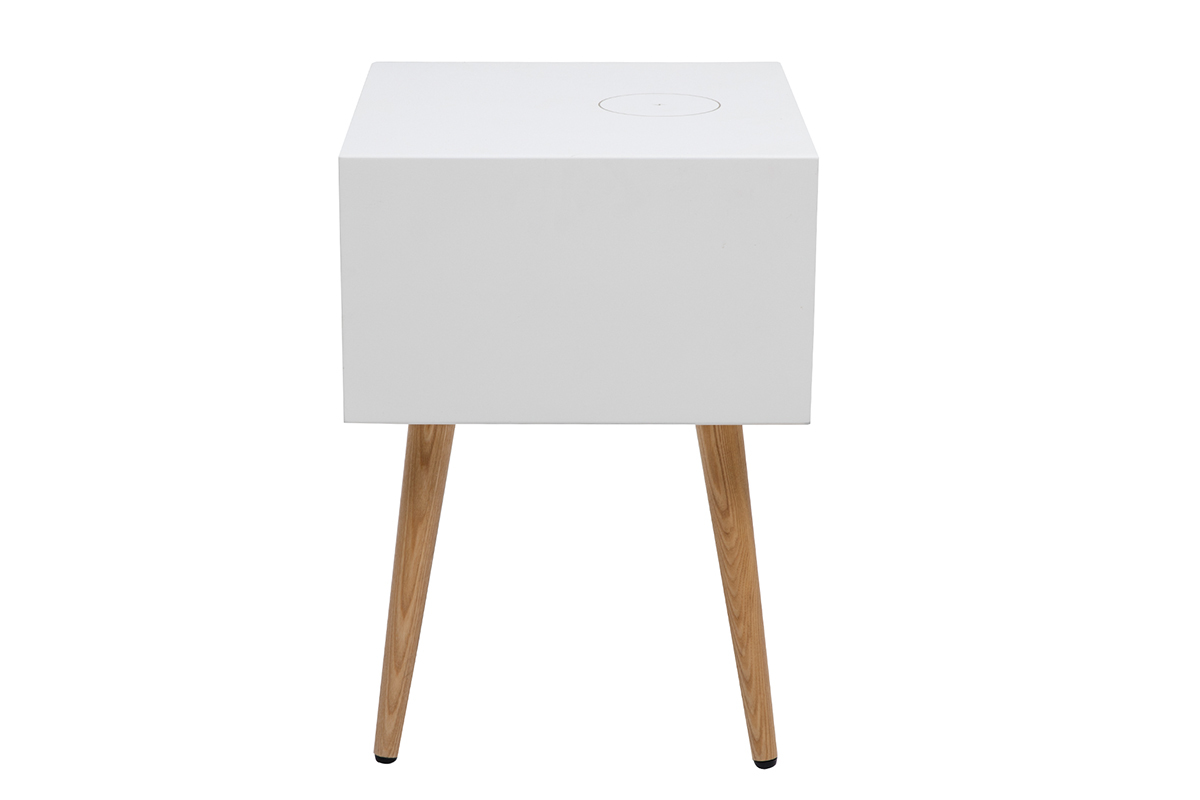 Tables de chevet connectes multimdia blanc mat et bois clair massif (lot de 2) PAVAN