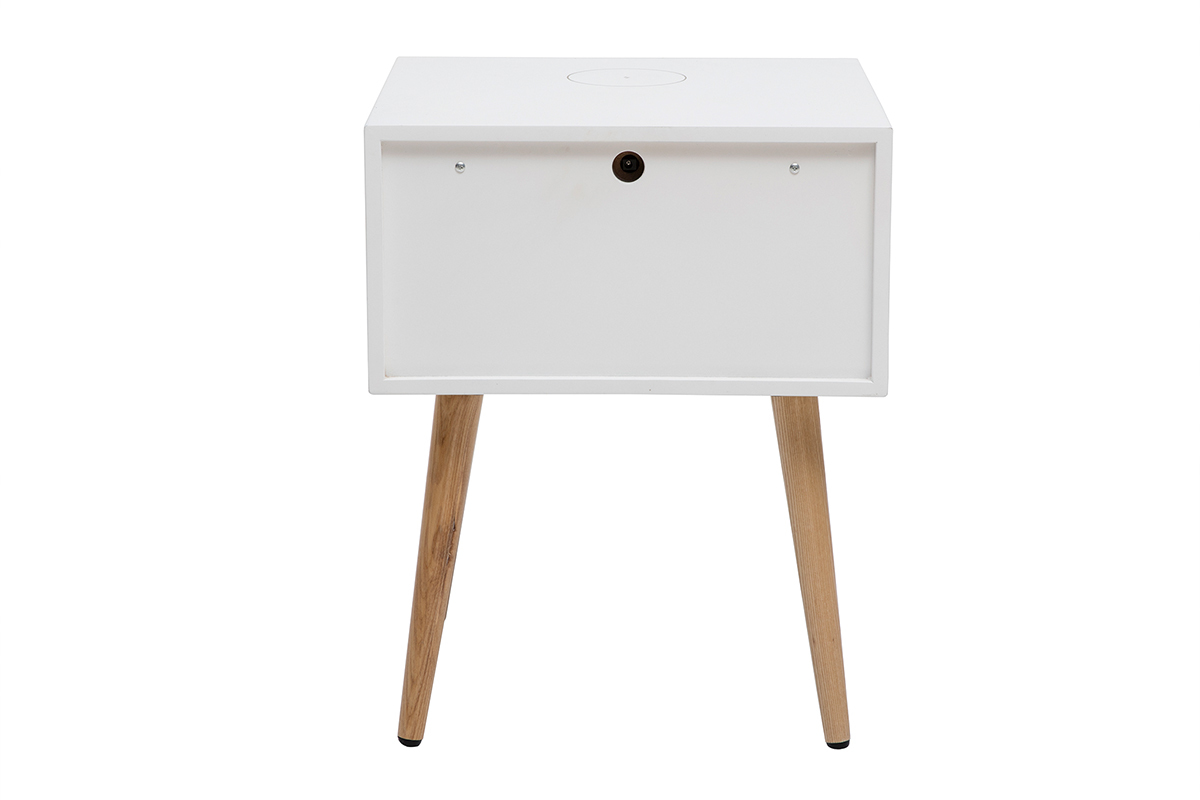 Tables de chevet connectes multimdia blanc mat et bois clair massif (lot de 2) PAVAN