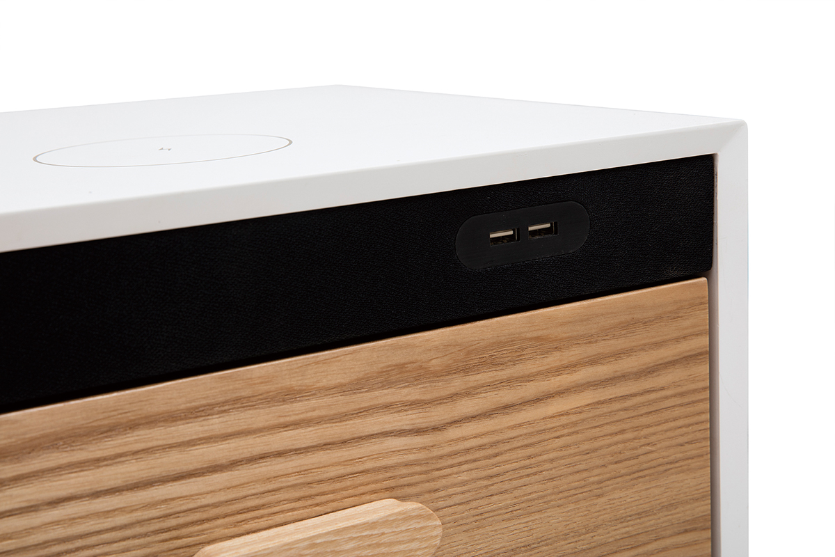 Tables de chevet connectes multimdia blanc mat et bois clair massif (lot de 2) PAVAN