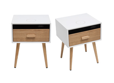 Tables de chevet connectées multimédia blanc mat et bois clair massif (lot de 2) PAVAN