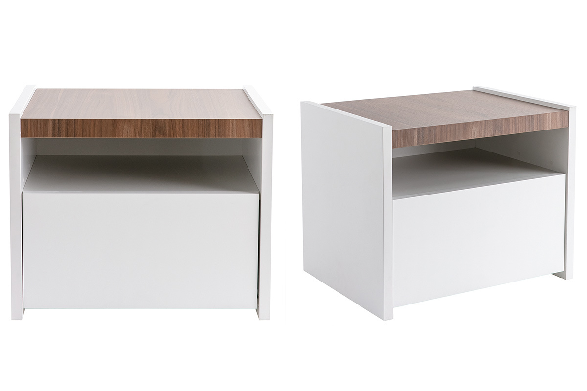 Tables de chevet design avec tiroir blanc mat et finition noyer (lot de 2) VERDI