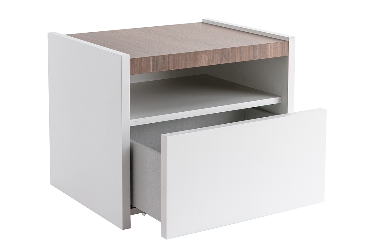 Tables de chevet design avec tiroir blanc mat et finition noyer (lot de 2) VERDI