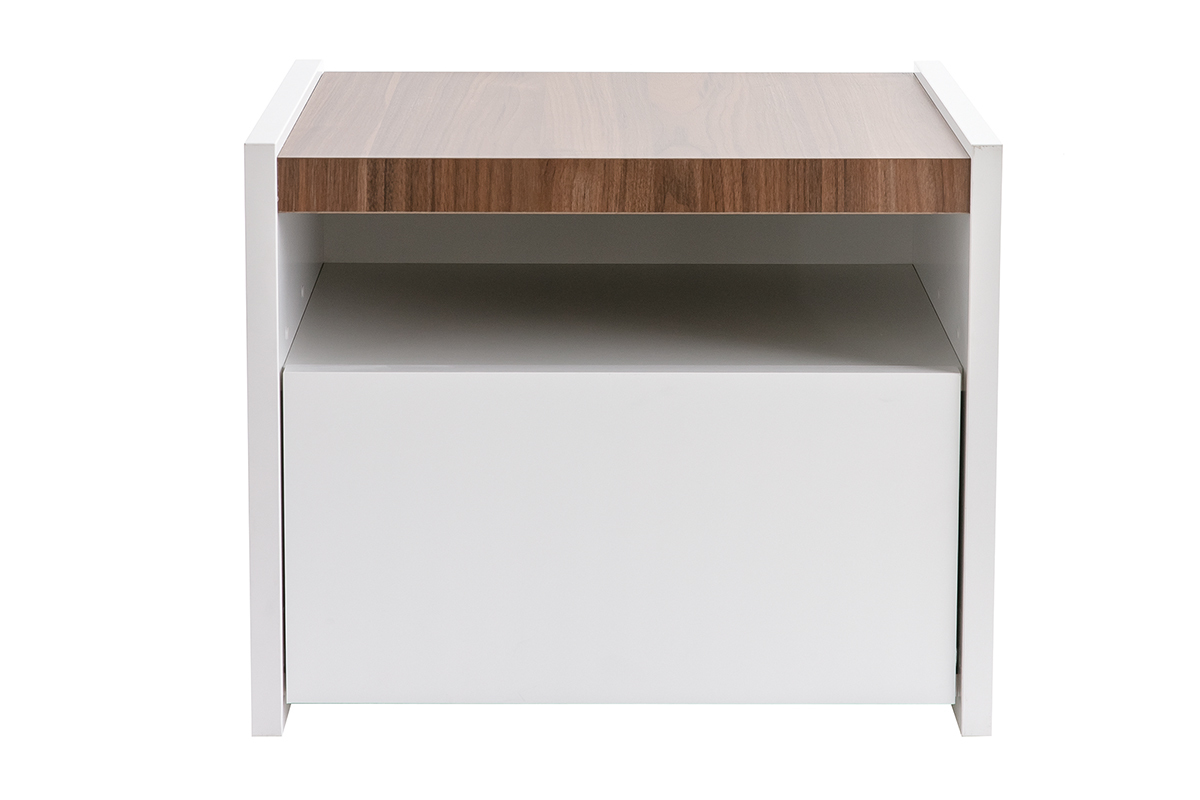 Tables de chevet design avec tiroir blanc mat et finition noyer (lot de 2) VERDI