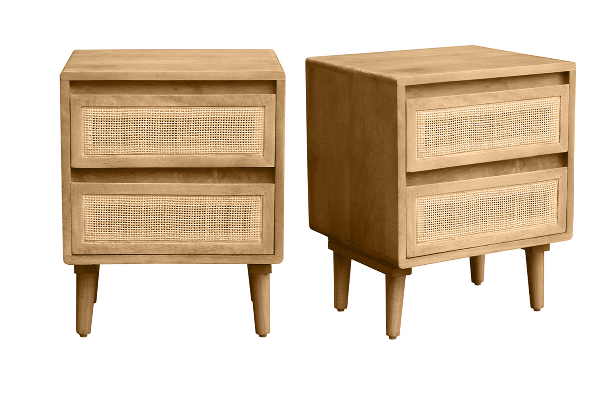 Tables de chevet en bois manguier massif et cannage rotin avec rangements 2 tiroirs (lot de 2) ACANGE