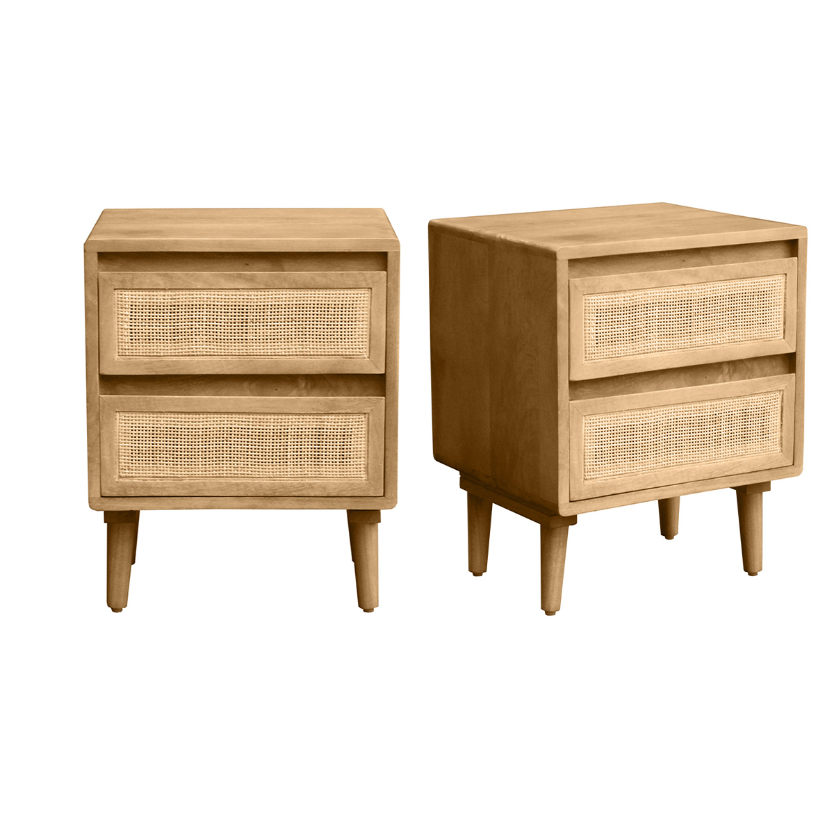 Tables de chevet en bois manguier massif et cannage rotin avec rangements 2 tiroirs (lot de 2) ACANGE