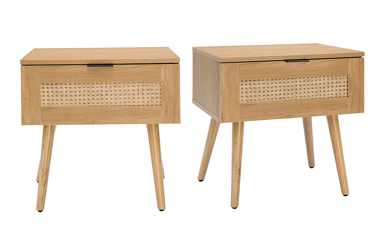 Tables de chevet finition bois clair, cannage rotin et mtal noir (lot de 2) MANILLE