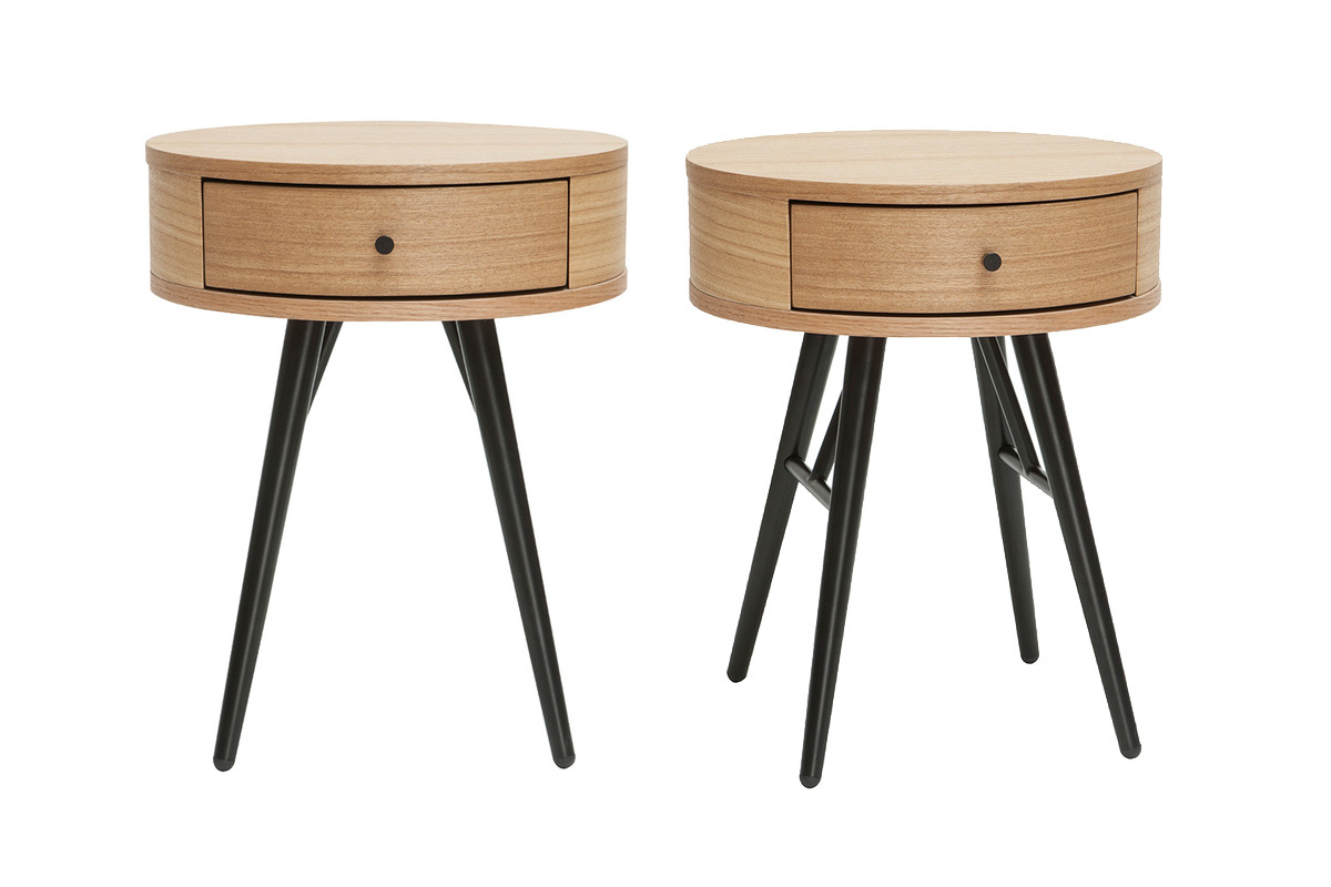 Tables de chevet rondes avec tiroir bois clair et mtal noir (lot de 2) KORAL