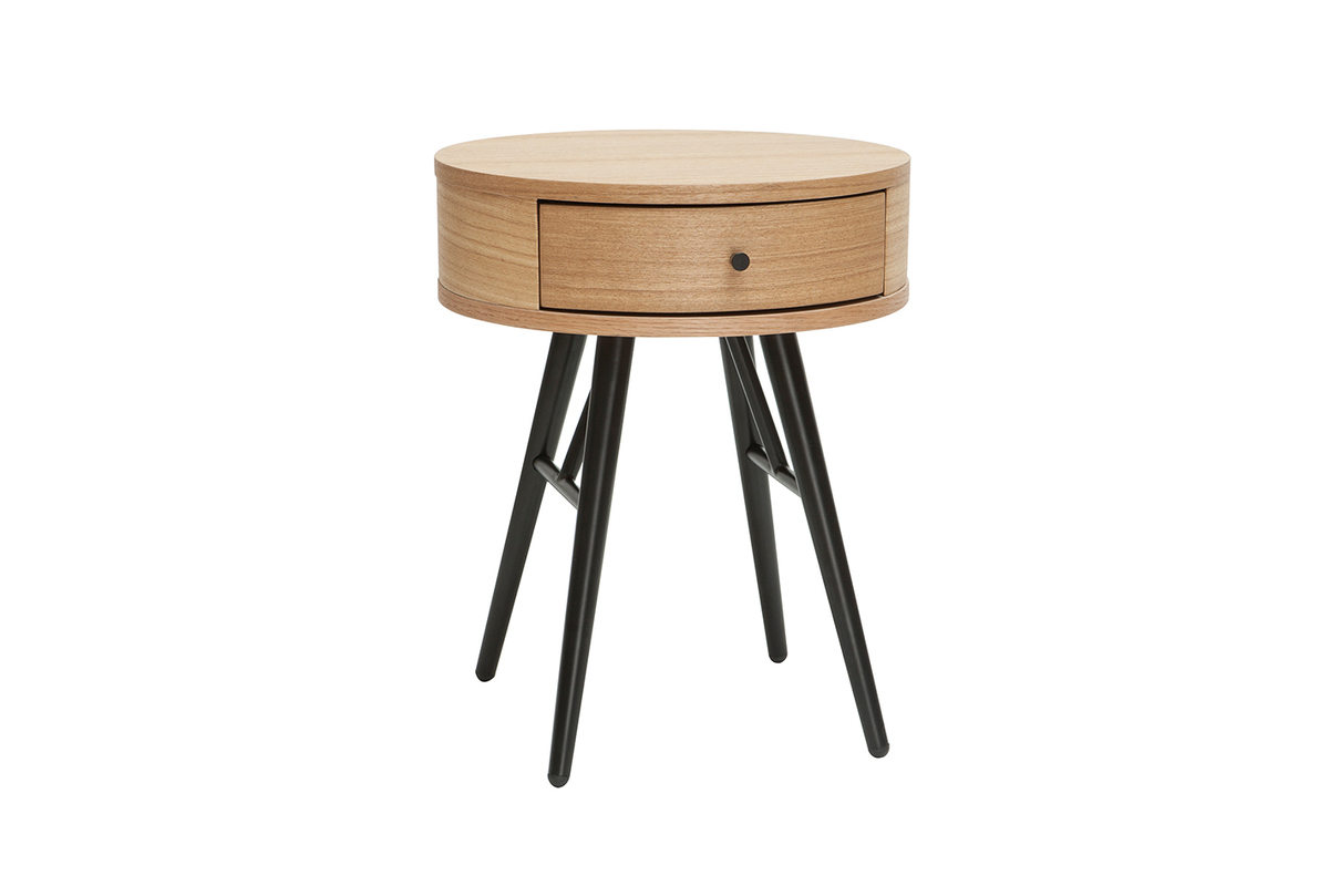 Tables de chevet rondes avec tiroir bois clair et mtal noir (lot de 2) KORAL
