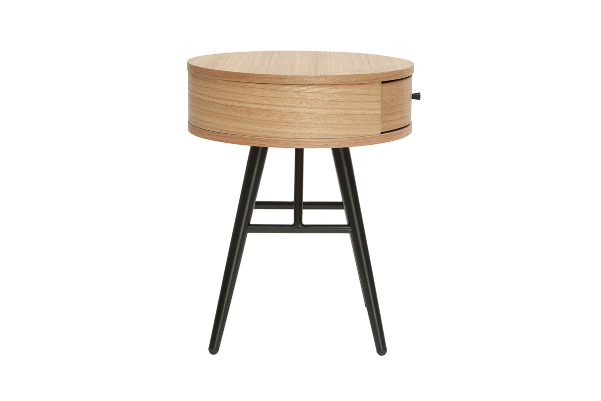 Tables de chevet rondes avec tiroir bois clair et mtal noir (lot de 2) KORAL