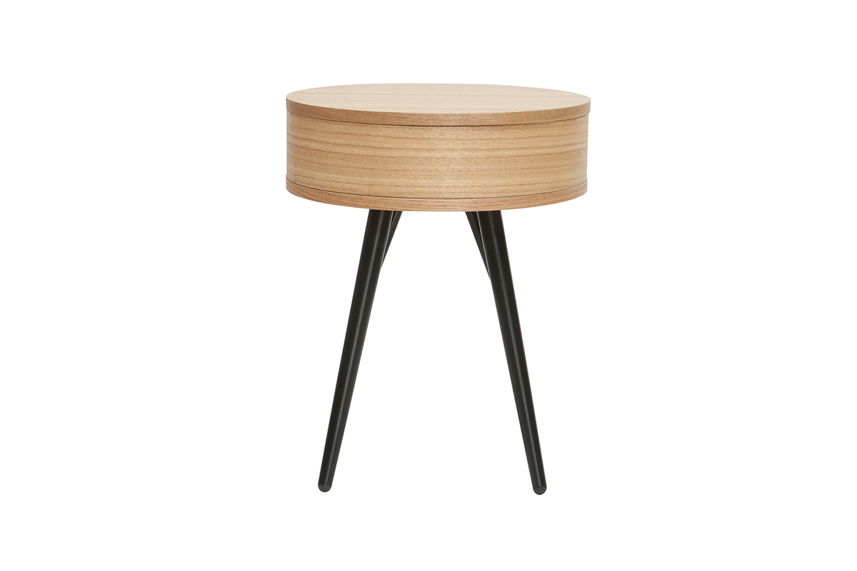 Tables de chevet rondes avec tiroir bois clair et mtal noir (lot de 2) KORAL