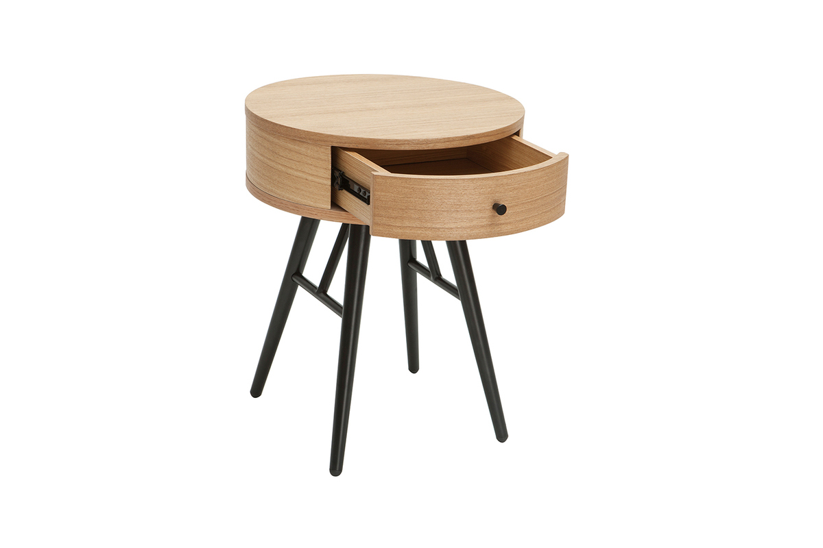 Tables de chevet rondes avec tiroir bois clair et mtal noir (lot de 2) KORAL