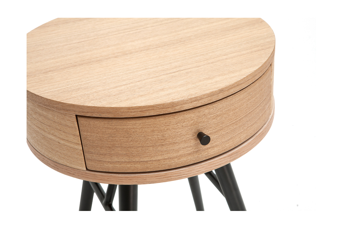 Tables de chevet rondes avec tiroir bois clair et mtal noir (lot de 2) KORAL