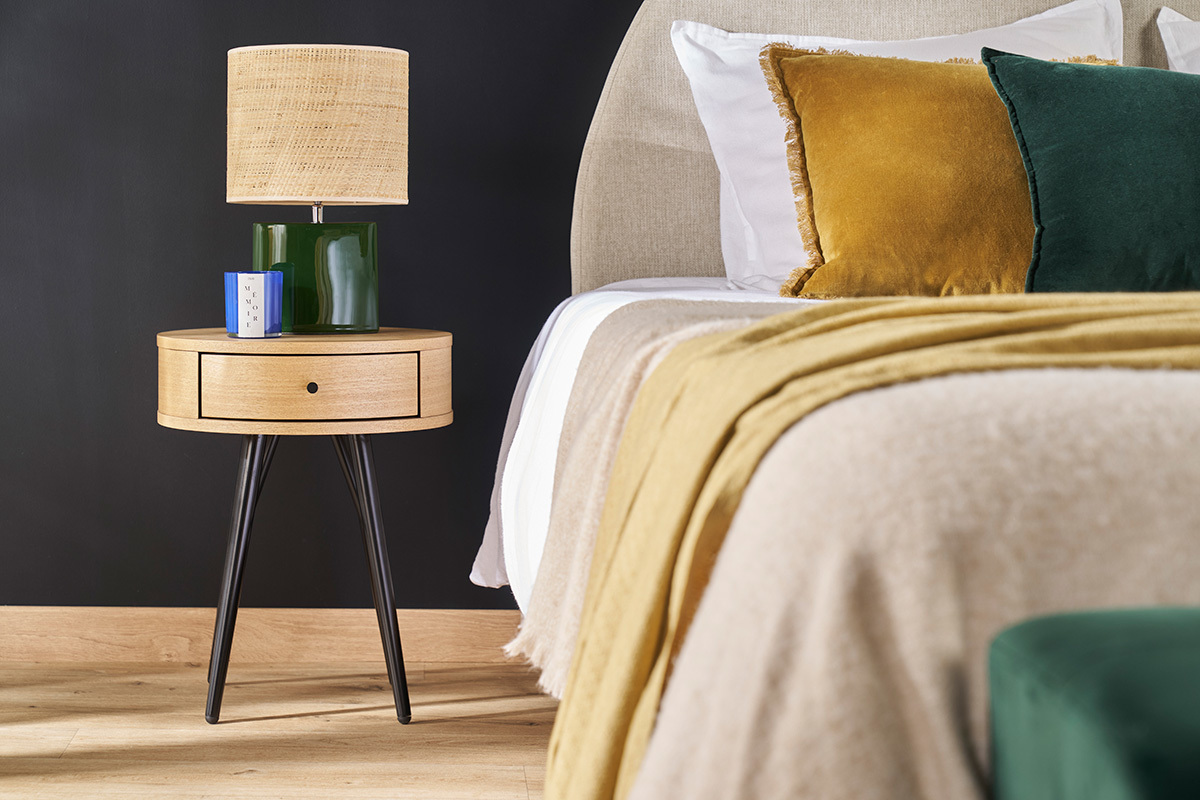 Tables de chevet rondes avec tiroir bois clair et mtal noir (lot de 2) KORAL