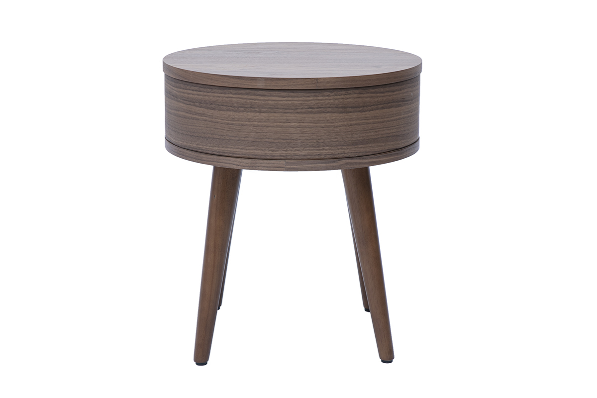 Table de chevet ronde en bois fonc� avec tiroir, vue de dos.