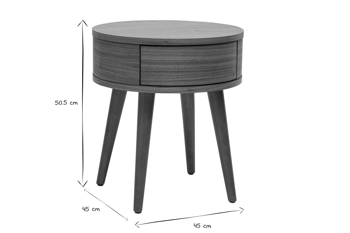 Table de chevet ronde en bois fonc� avec tiroir, dimensions L45 x P45 x H50,5 cm, vue de face, noir et blanc.