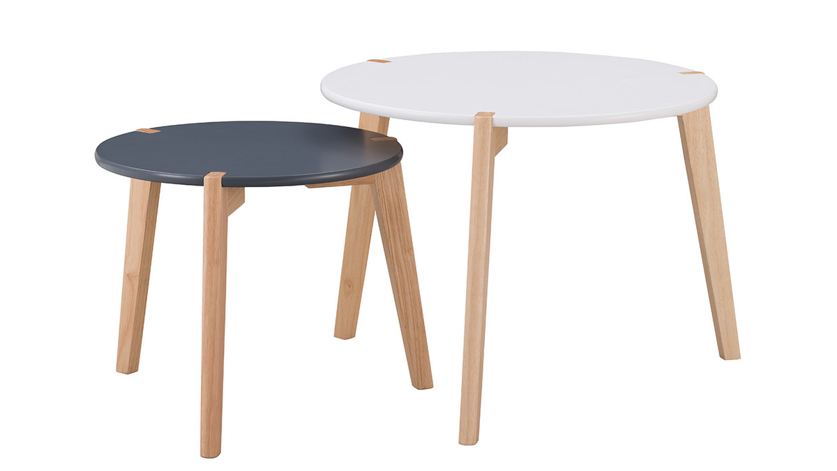 Tables gigognes design gris et blanc avec pieds bois clair (lot de 2) KOBE