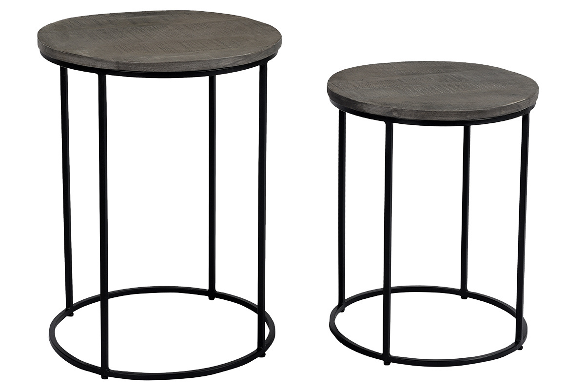 Tables gigognes en manguier massif gris� et m�tal (lot de 2) RUFF