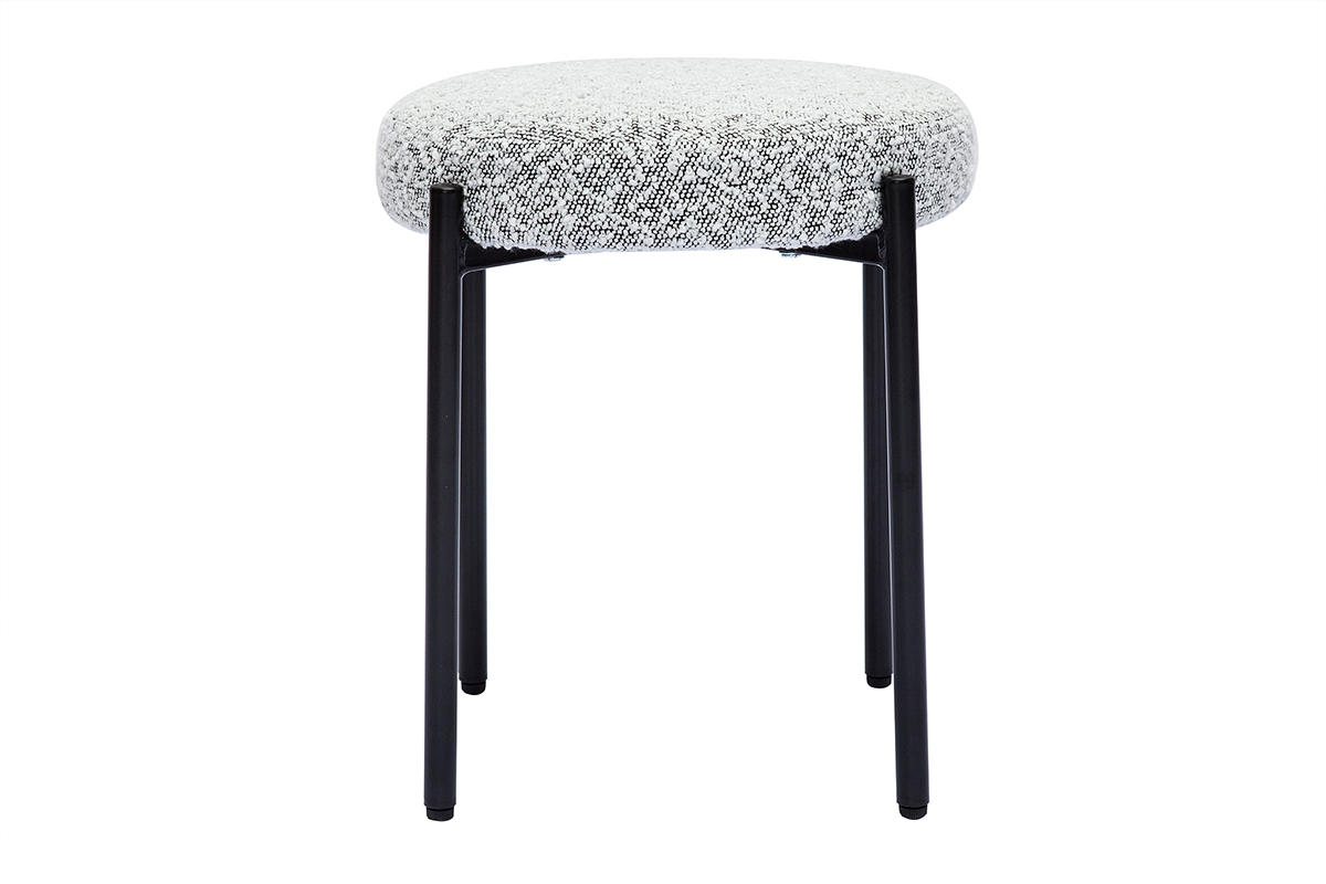 Tabouret bas empilable en tissu effet laine boucl�e gris chin� et m�tal noir H41 cm KIKO