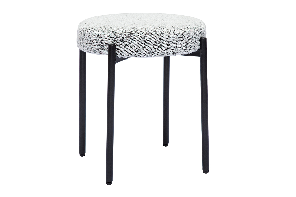 Tabouret bas empilable en tissu effet laine boucl�e gris chin� et m�tal noir H41 cm KIKO