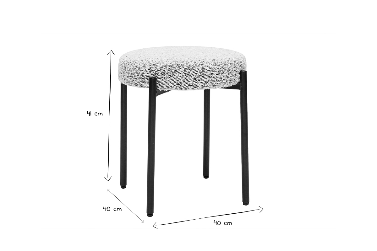 Tabouret bas empilable en tissu effet laine boucl�e gris chin� et m�tal noir H41 cm KIKO