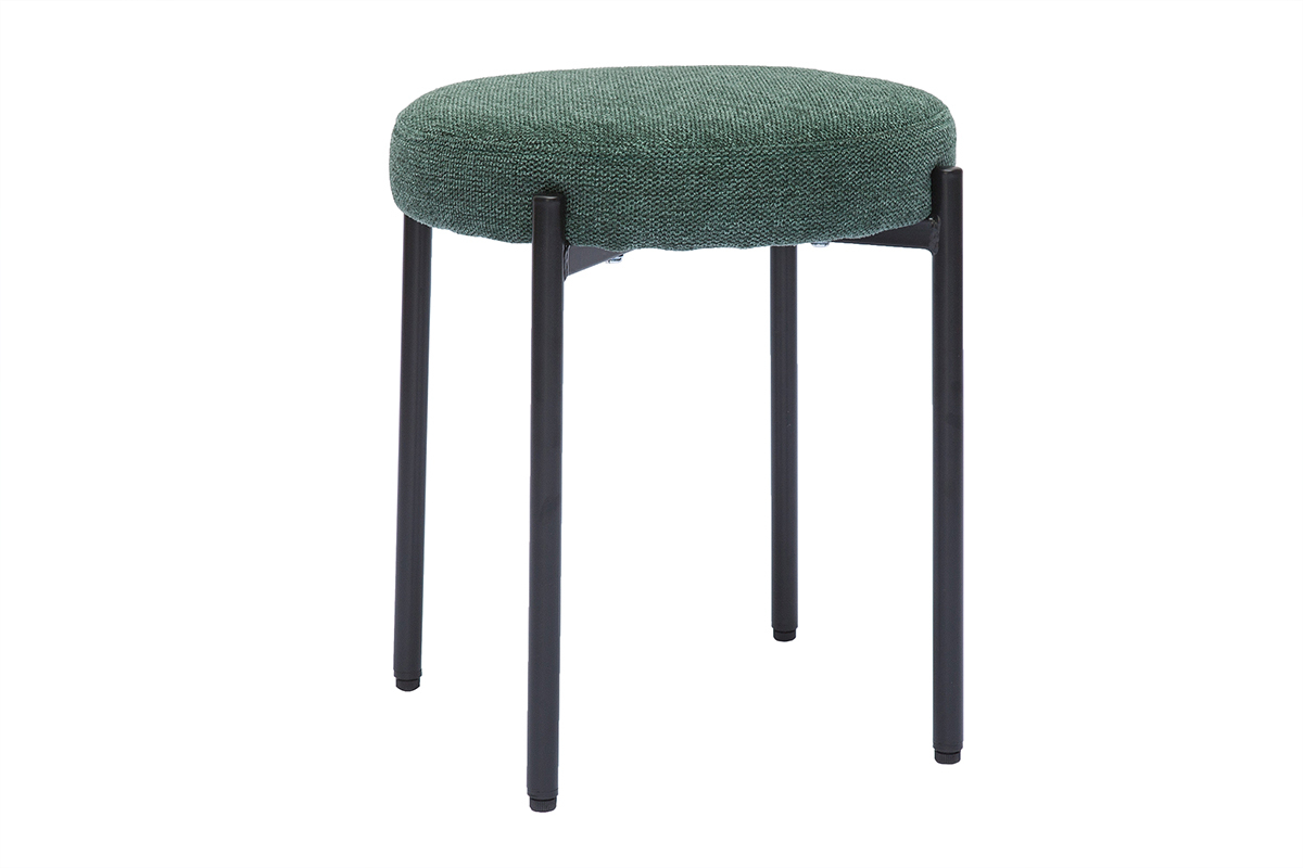 Tabouret bas empilable en tissu effet velours textur� vert fonc� et m�tal noir H41 cm KIKO