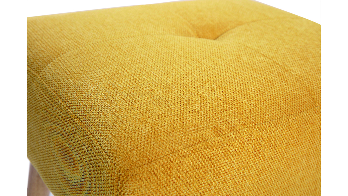 Tabouret bas en tissu effet velours texturé jaune moutarde et bois clair massif H46 GUESTA
