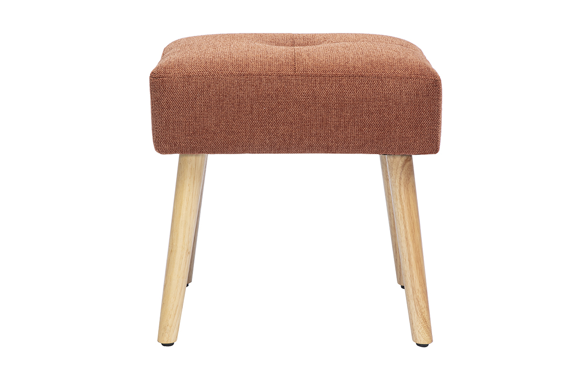 Tabouret bas tissu terre br�l�e, pieds bois clair, vue de face.