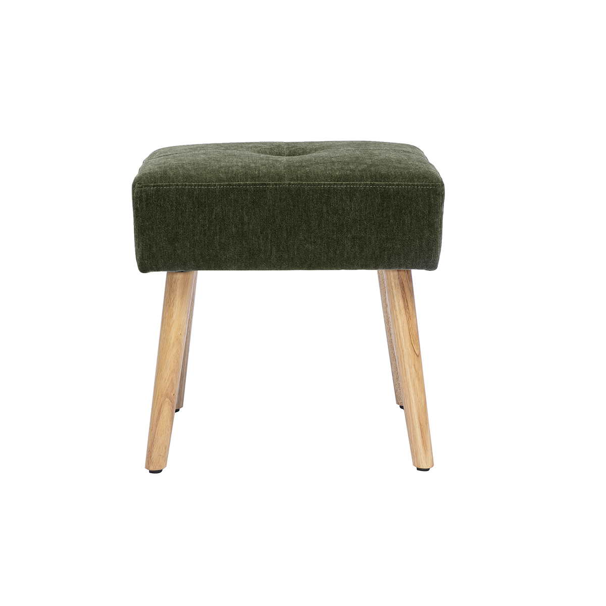 Tabouret bas en tissu effet velours vert kaki et bois clair massif H46 cm GUESTA
