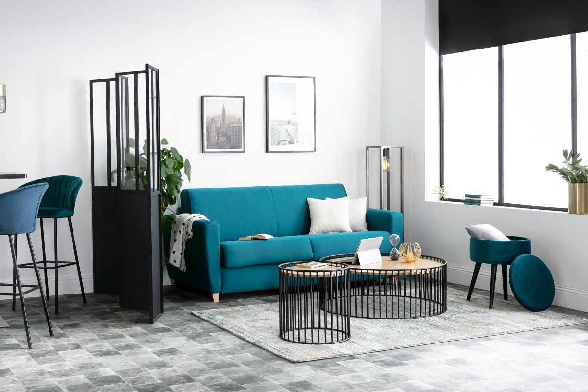 Tabouret coffre en velours bleu canard MADO