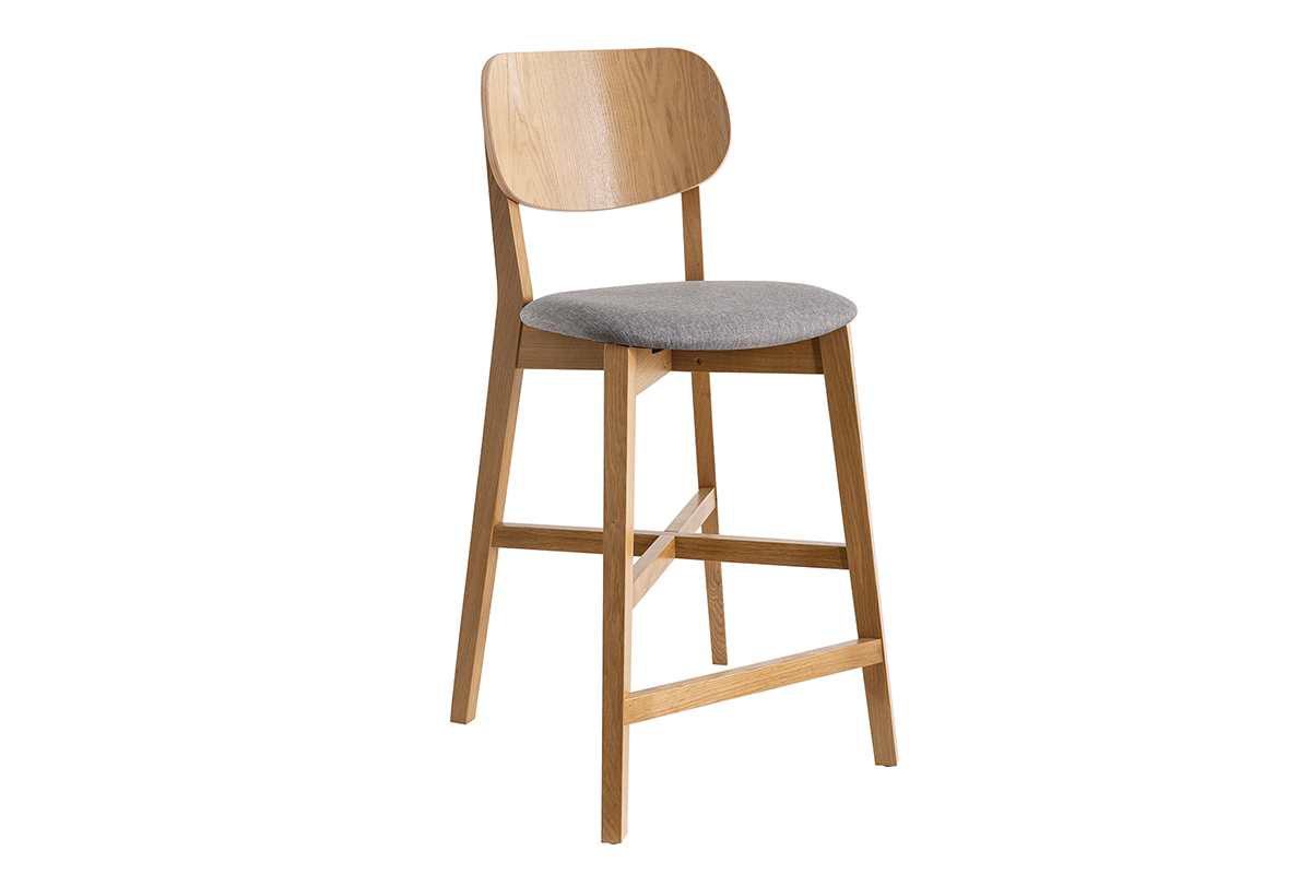 Tabouret de bar ch�ne et assise gris chin� H65 cm LUCIA