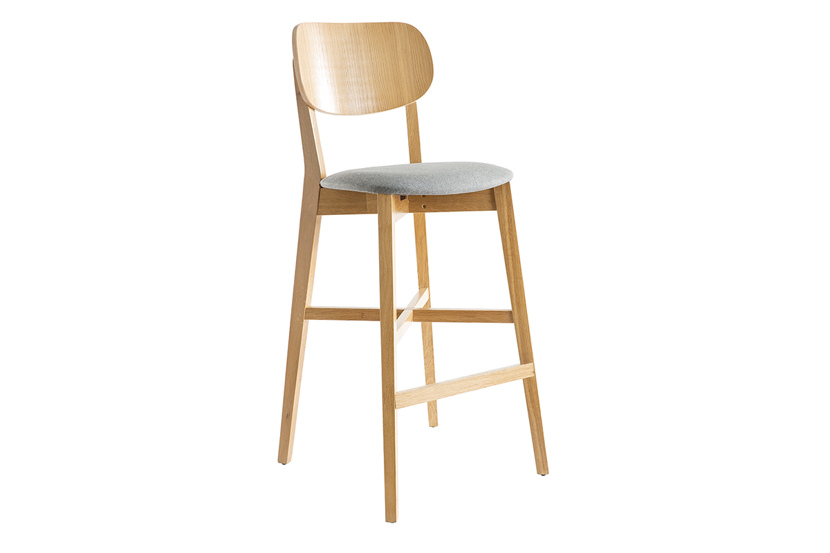 Tabouret de bar ch�ne et assise gris chin� H75 cm LUCIA