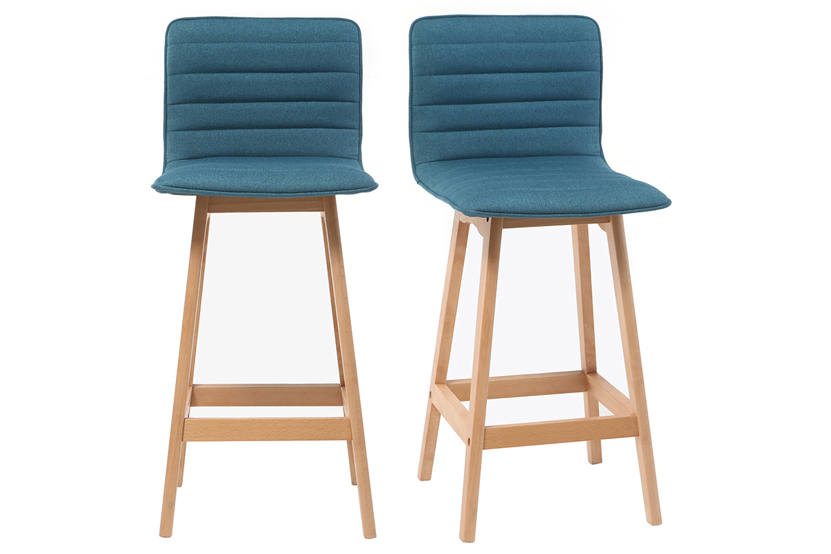 Tabouret de bar design bois et bleu canard 65 cm (lot de 2) EMMA