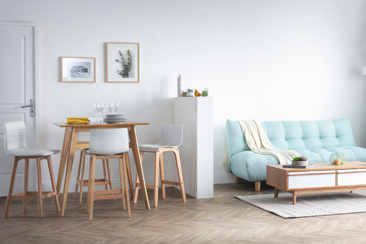 Tabouret de bar design bois et bleu canard 65 cm (lot de 2) EMMA