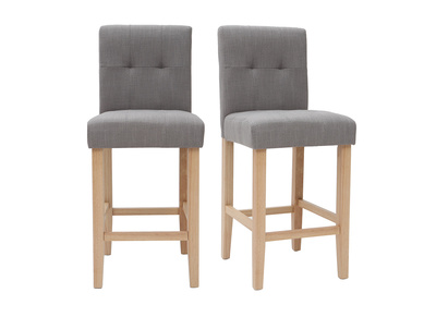 Tabouret de bar design capitonn&eacute; gris clair et bois 65 cm (lot de 2) ESTER