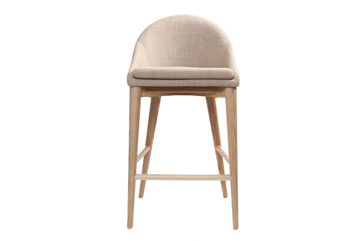 Tabouret de bar design en tissu beige et bois clair H66.5 cm DALIA