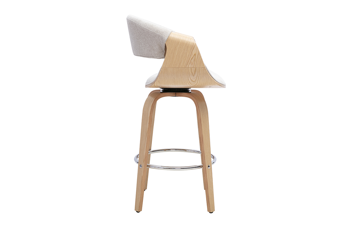 Tabouret de bar ARAMIS en tissu beige, vue de profil avec pieds en bois clair et repose-pied en acier chrom�.