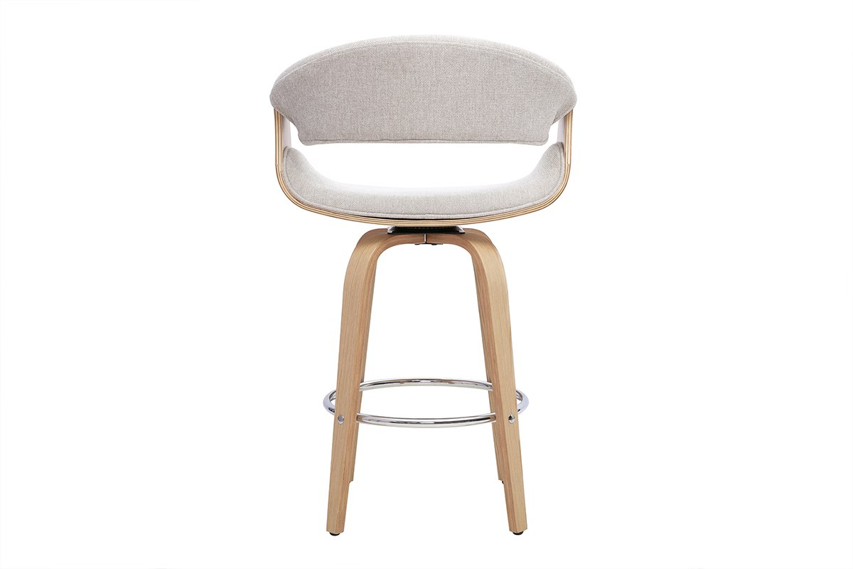 Tabouret de bar ARAMIS en tissu beige, vue de dos, pieds en bois clair et repose-pied en acier chrom�.