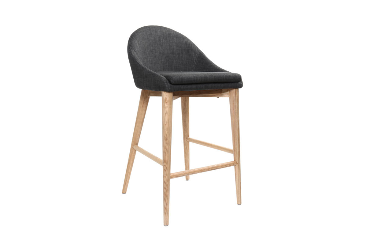 Tabouret de bar design en tissu gris anthracite et bois clair 65 cm DALIA