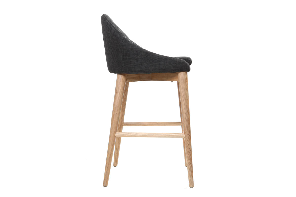 Tabouret de bar design en tissu gris anthracite et bois clair 65 cm DALIA